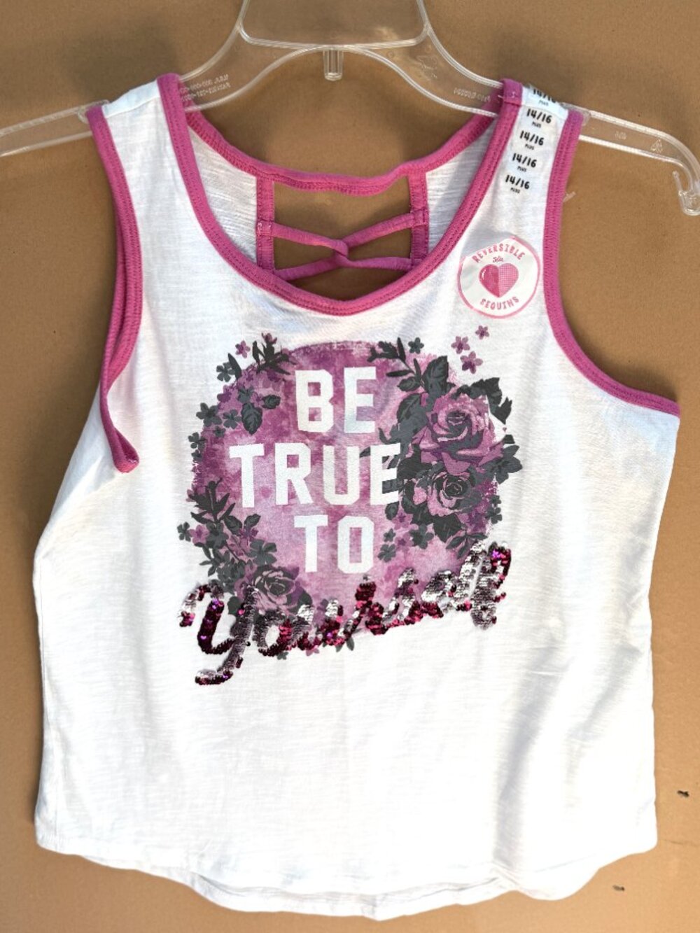 NWOT Girls Justice "BE TRUE TO Yourself" Tank Top w/Reversible Sequins Sz 14/16+
